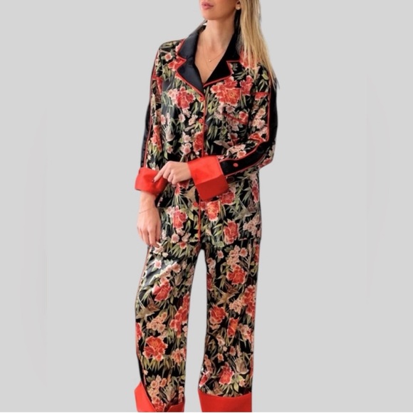 We are HAH Satin PJ Set NWT, in Flock 2gether Noir Black & Red Floral Size XXL - Picture 3 of 11